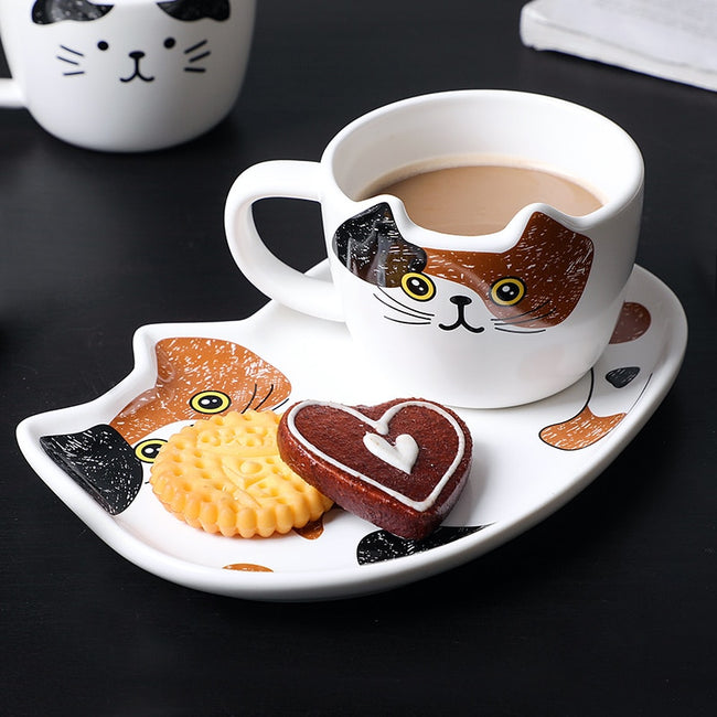 Cute Cat Ceramics Coffee Mug With Tray Creative
